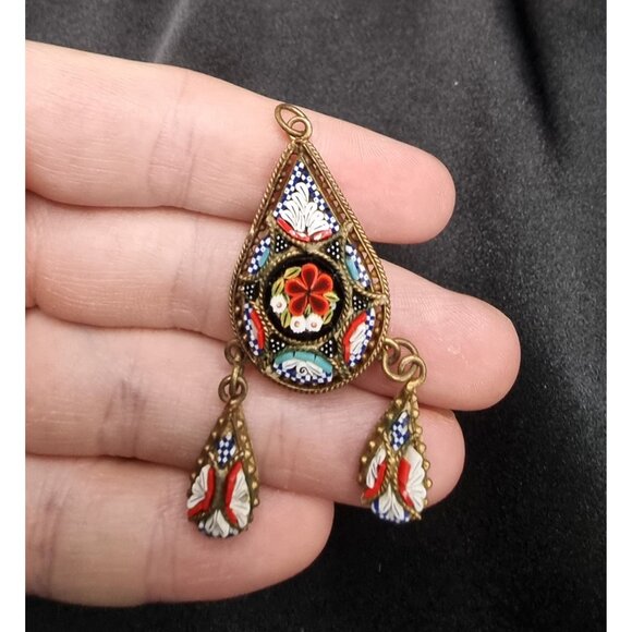 Vintage Italian Micro Mosaic Pendant With Floral Design & Tear Drop Dangles - Picture 3 of 6